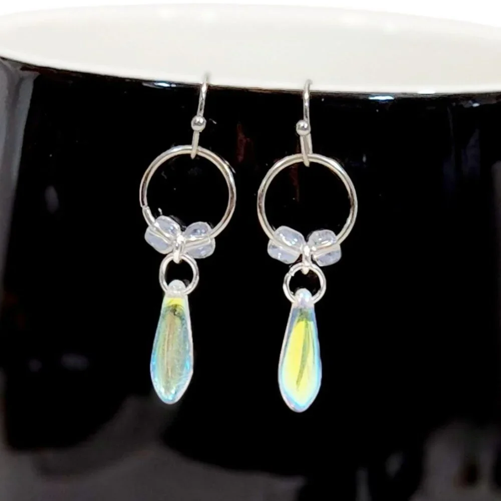 Czechoslovakian White Glass Dagger Earrings Lightweight Minimalist